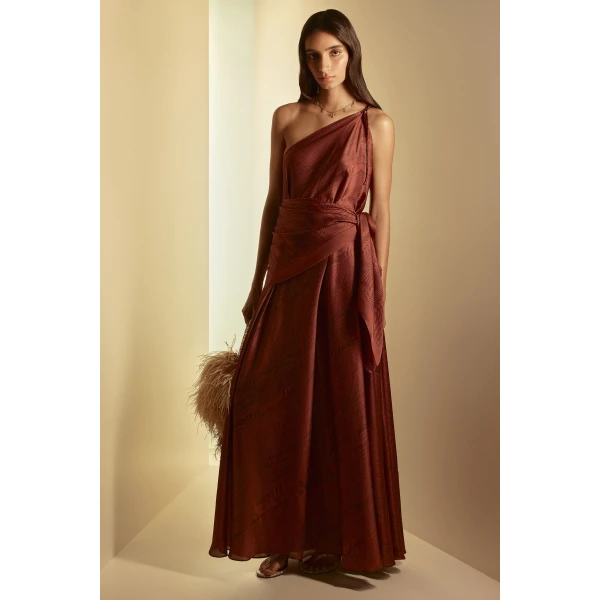 Scanlan Theodore Silk Desert One Shoulder Gown in Chocolate | Evening Gowns | Coveti