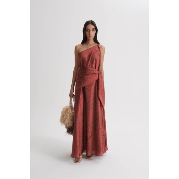 Scanlan Theodore Silk Desert One Shoulder Gown in Chocolate | Evening Gowns | Coveti