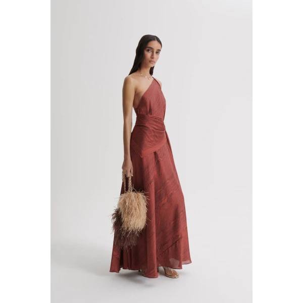 Scanlan Theodore Silk Desert One Shoulder Gown in Chocolate | Evening Gowns | Coveti