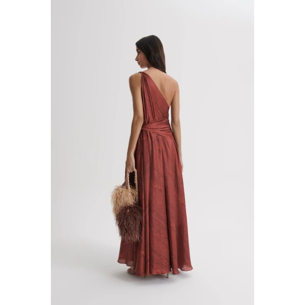 Scanlan Theodore Silk Desert One Shoulder Gown in Chocolate | Evening Gowns | Coveti