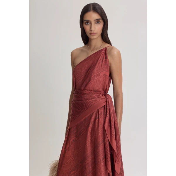 Scanlan Theodore Silk Desert One Shoulder Gown in Chocolate | Evening Gowns | Coveti