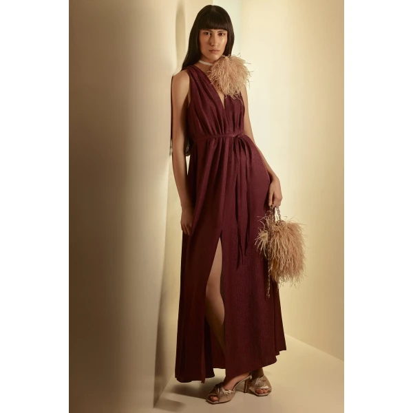 Scanlan Theodore Silk Jacquard Gather Dress in Bordeaux | Maxi Dresses | Coveti
