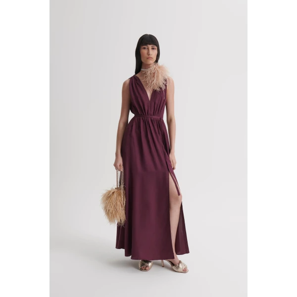 Scanlan Theodore Silk Jacquard Gather Dress in Bordeaux | Maxi Dresses | Coveti