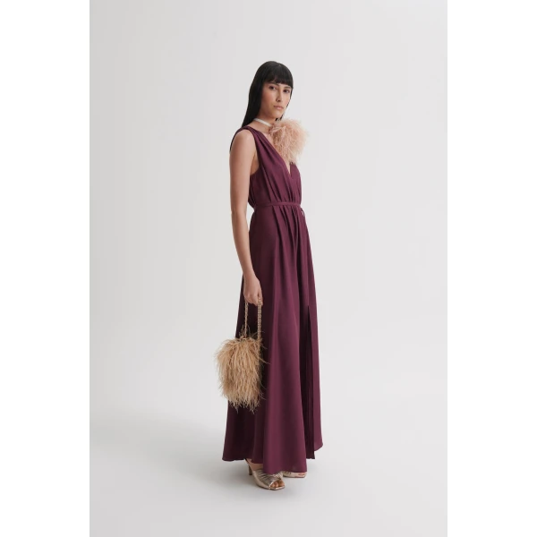 Scanlan Theodore Silk Jacquard Gather Dress in Bordeaux | Maxi Dresses | Coveti