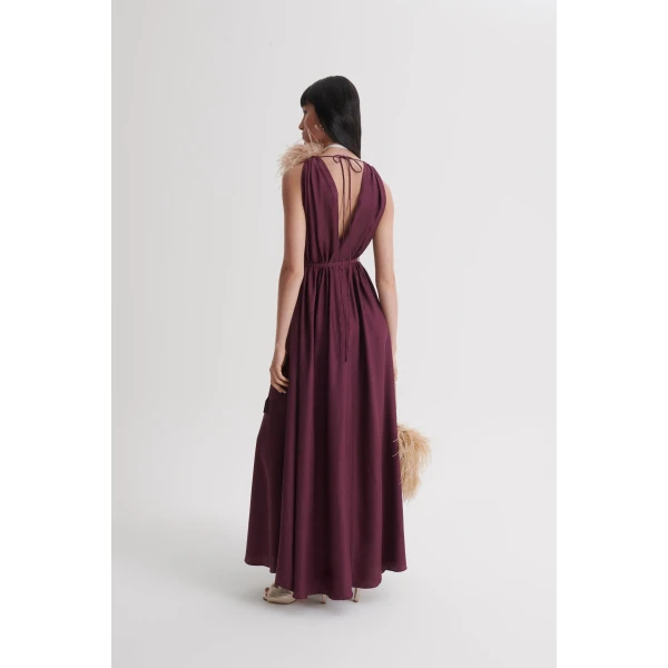 Scanlan Theodore Silk Jacquard Gather Dress in Bordeaux | Maxi Dresses | Coveti