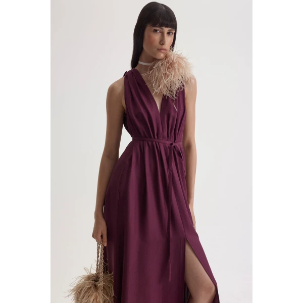 Scanlan Theodore Silk Jacquard Gather Dress in Bordeaux | Maxi Dresses | Coveti