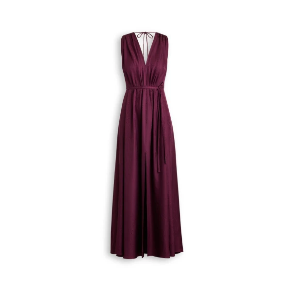 Silk Jacquard Gather Dress in Bordeaux