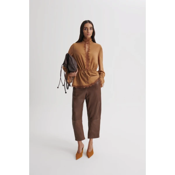 Scanlan Theodore Textured Leather Barrel Leg Trouser in Toffee