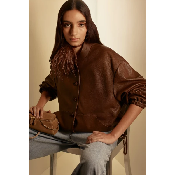 Scanlan Theodore Textured Leather Bomber in Toffee