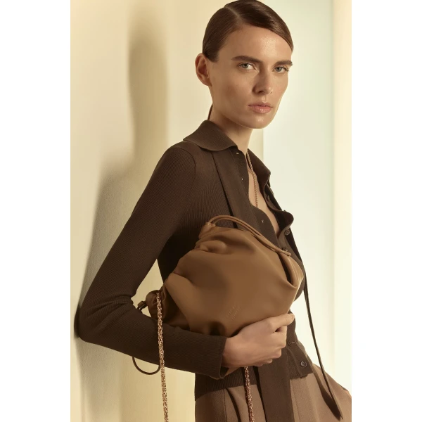 Scanlan Theodore The Leather Drawstring Bag in Sandstone | Bucket Bags | Coveti