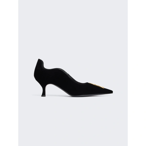 Schiaparelli Velvet Keyhole Pump in Black with Kitten Heel | Heels | Coveti