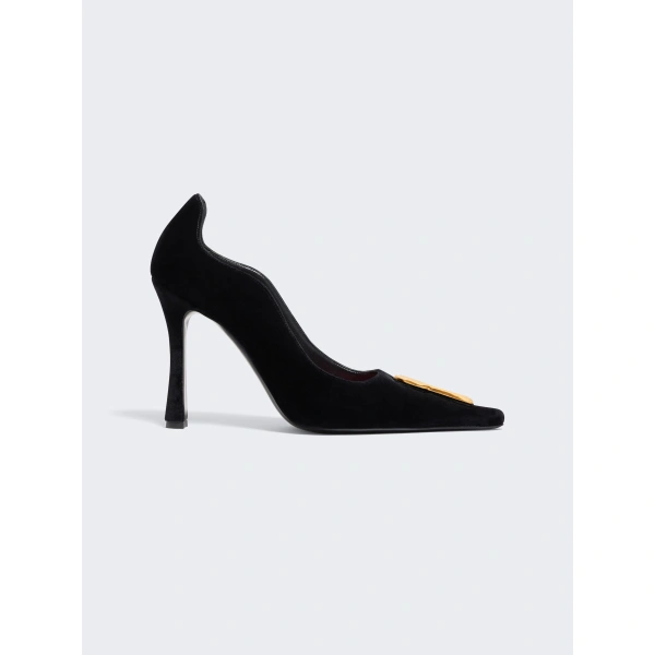 Schiaparelli Velvet Keyhole Pump in Black with Stiletto Heel | Heels | Coveti