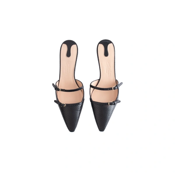 Sebastian Milano Celine Mule in Black Snake Effect, view 3 | Kitten Heels
