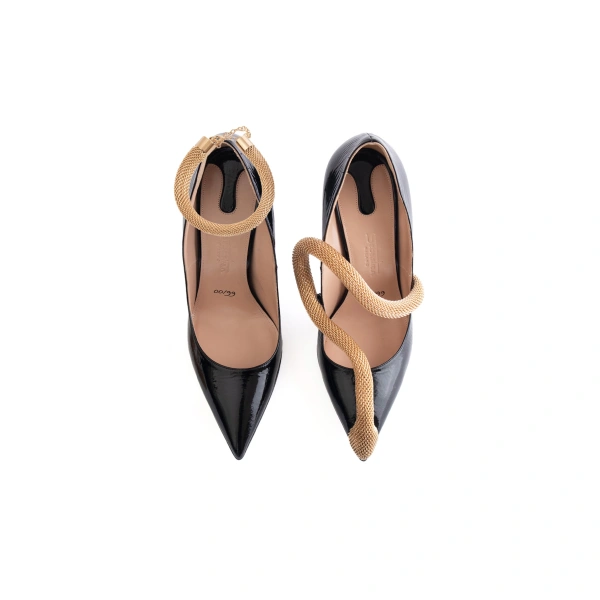 Sebastian Milano Eva Pump in Black Patent and Gold Serpent, view 4 | Pumps