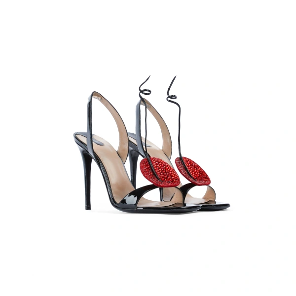 Sebastian Milano Muse Sandal in Black Patent and Red Crystal, view 2 | Sandals