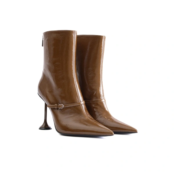 Sebastian Milano Rama Ankle Boot in Olive Green Patent, view 2 | Ankle Boots