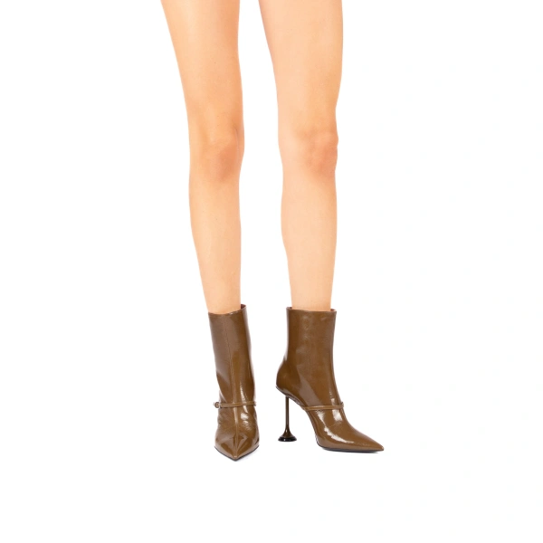 Sebastian Milano Rama Ankle Boot in Olive Green Patent, view 5 | Ankle Boots