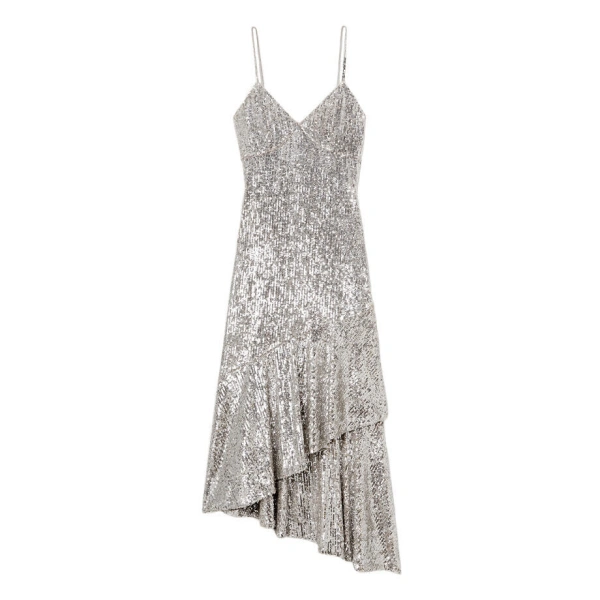 Asymmetric Sequined Tulle Midi Dress in Silver