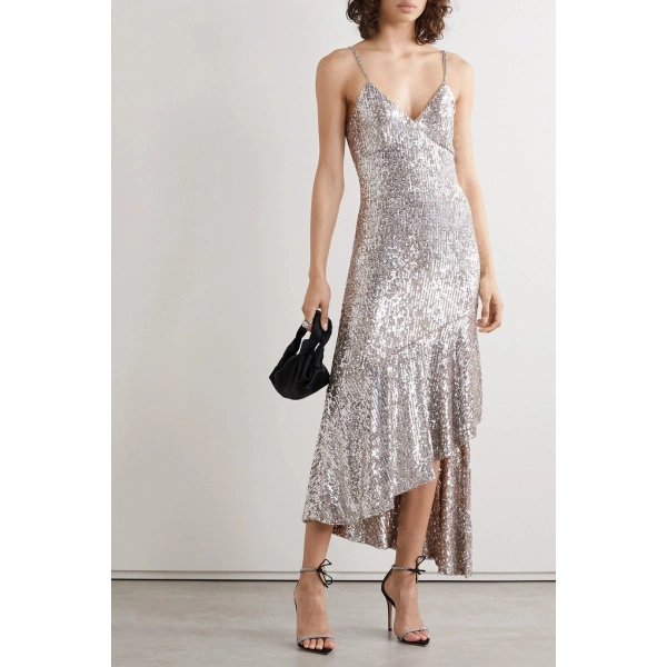 SemSem Asymmetric Sequined Tulle Midi Dress in Silver | Midi Dresses | Coveti