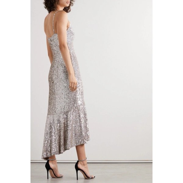 SemSem Asymmetric Sequined Tulle Midi Dress in Silver | Midi Dresses | Coveti