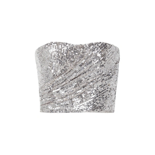 Cutout Sequined Tulle Bustier Top in Silver