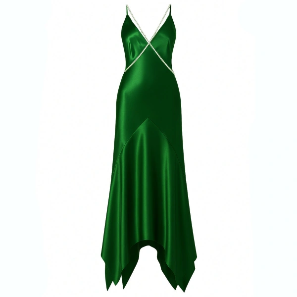 Emerald Crystal Embellished Silk Dress
