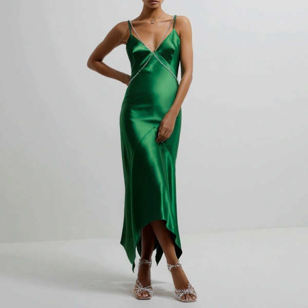 SemSem Emerald Crystal Embellished Silk Dress | Midi Dresses | Coveti