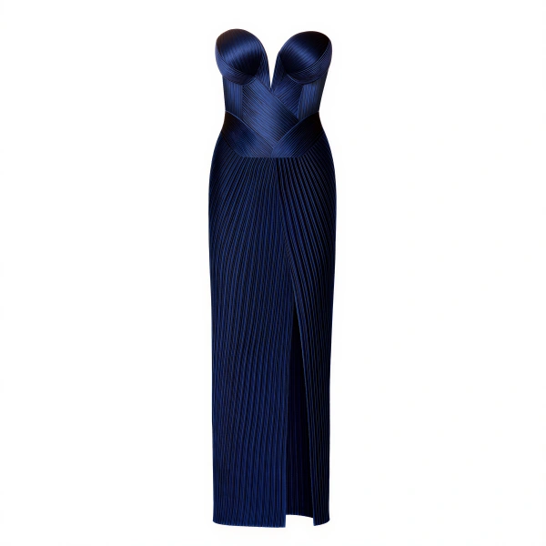 Engineered Plissé Bustier Maxi Dress in Navy