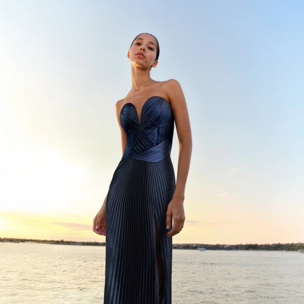 SemSem Engineered Plissé Bustier Maxi Dress in Navy | Maxi Dresses | Coveti