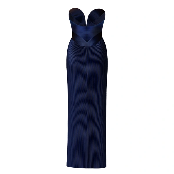 SemSem Engineered Plissé Bustier Maxi Dress in Navy | Maxi Dresses | Coveti