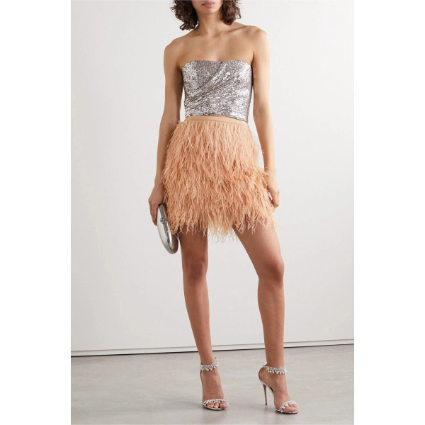 SemSem Feather and Tinsel-Embellished Silk-Blend Crepe de Chine Mini Skirt in Blush | Skirts | Coveti