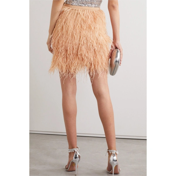 SemSem Feather and Tinsel-Embellished Silk-Blend Crepe de Chine Mini Skirt in Blush | Skirts | Coveti