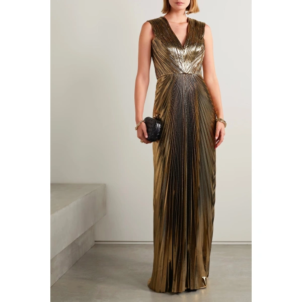 SemSem Gold Pleated Metallic Lamé Gown | Evening Gowns | Coveti