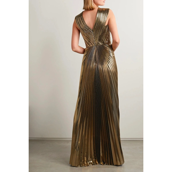 SemSem Gold Pleated Metallic Lamé Gown | Evening Gowns | Coveti