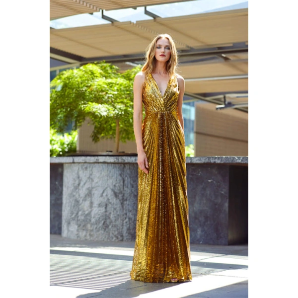 SemSem Gold Sequin Sunray Gown | Evening Gowns | Coveti