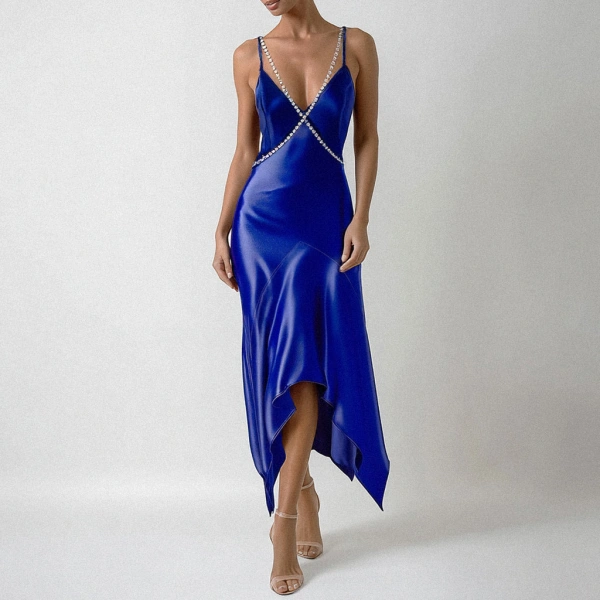 SemSem Indigo Crystal Embellished Silk Dress | Midi Dresses | Coveti
