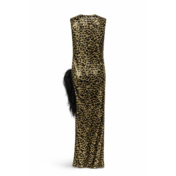 SemSem Leopard Sequin Dress with Feather Detail | Maxi Dresses | Coveti