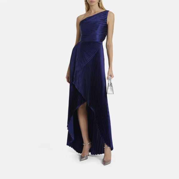 SemSem One-Shoulder Asymmetric Pleated Solid Silk Gown | Evening Gowns | Coveti
