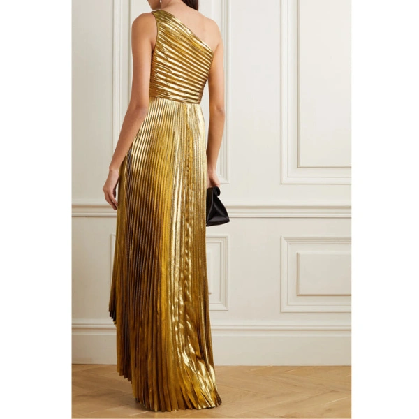 SemSem One Shoulder Pleated Gold Lamé Gown | Evening Gowns | Coveti