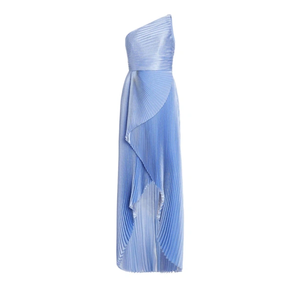 One-Shoulder Silk Metallic Plissé Gown