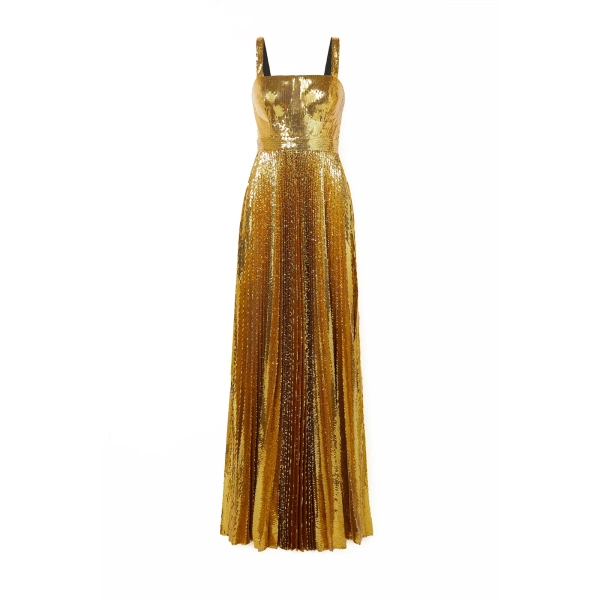 Pleated Gold Sequin Tulle Gown