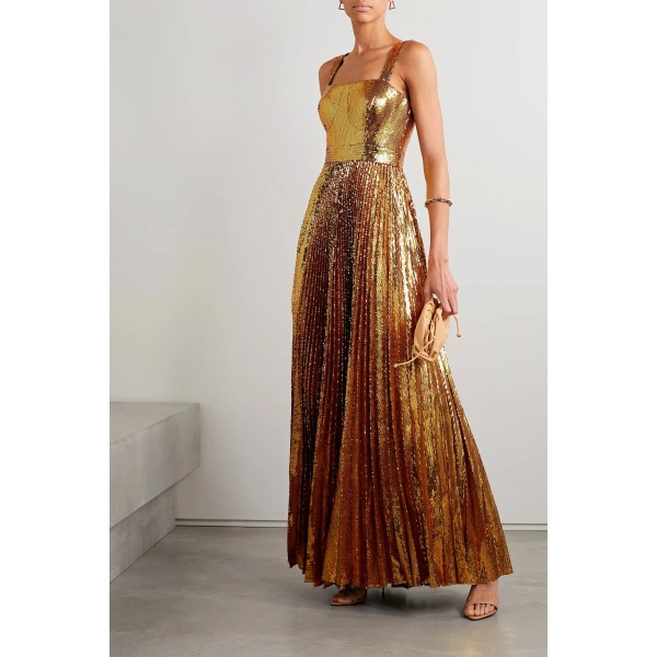 SemSem Pleated Gold Sequin Tulle Gown | Evening Gowns | Coveti
