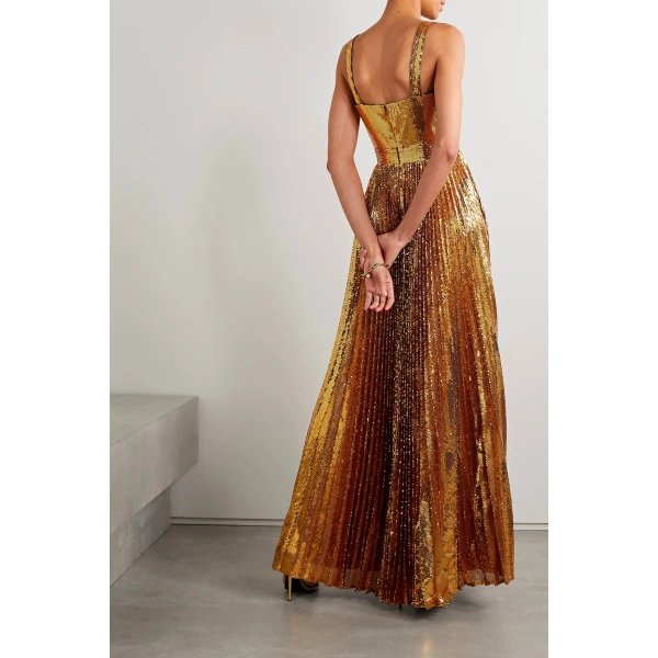 SemSem Pleated Gold Sequin Tulle Gown | Evening Gowns | Coveti