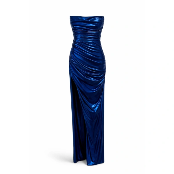 Plissé Lamé Strapless Maxi Dress in Metallic