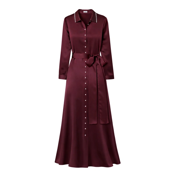 Silk Shirt Dress with Side Slits in Burgundy