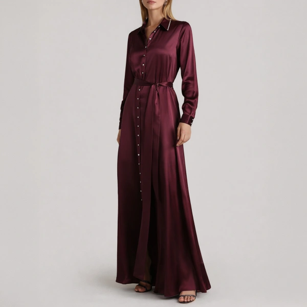 SemSem Silk Shirt Dress with Side Slits in Burgundy | Maxi Dresses | Coveti