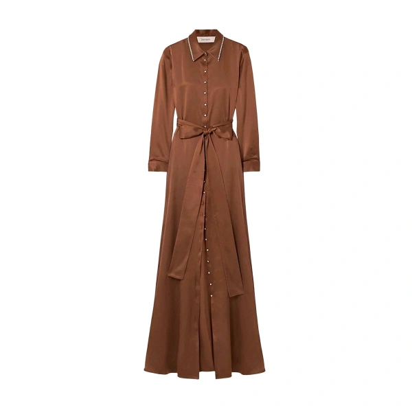 Silk Shirt Dress with Side Slits in Camel