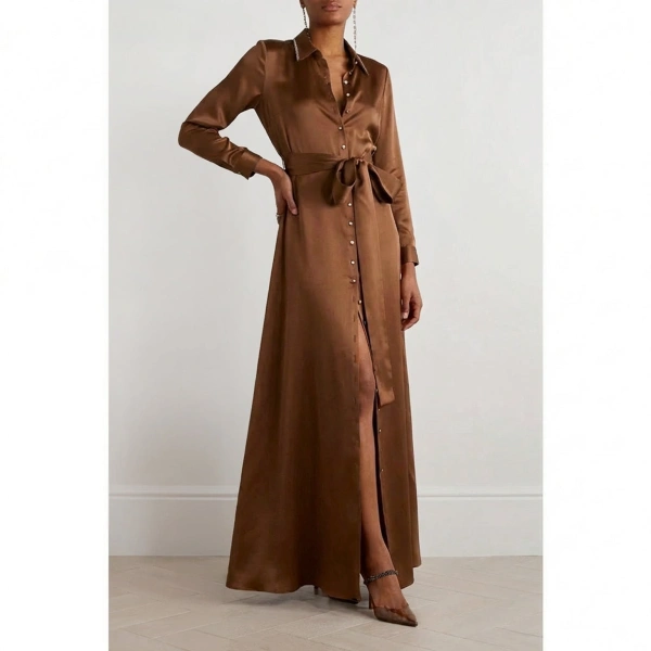 SemSem Silk Shirt Dress with Side Slits in Camel | Maxi Dresses | Coveti