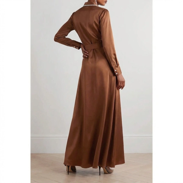 SemSem Silk Shirt Dress with Side Slits in Camel | Maxi Dresses | Coveti