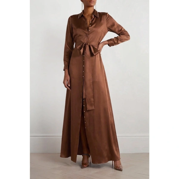 SemSem Silk Shirt Dress with Side Slits in Camel | Maxi Dresses | Coveti